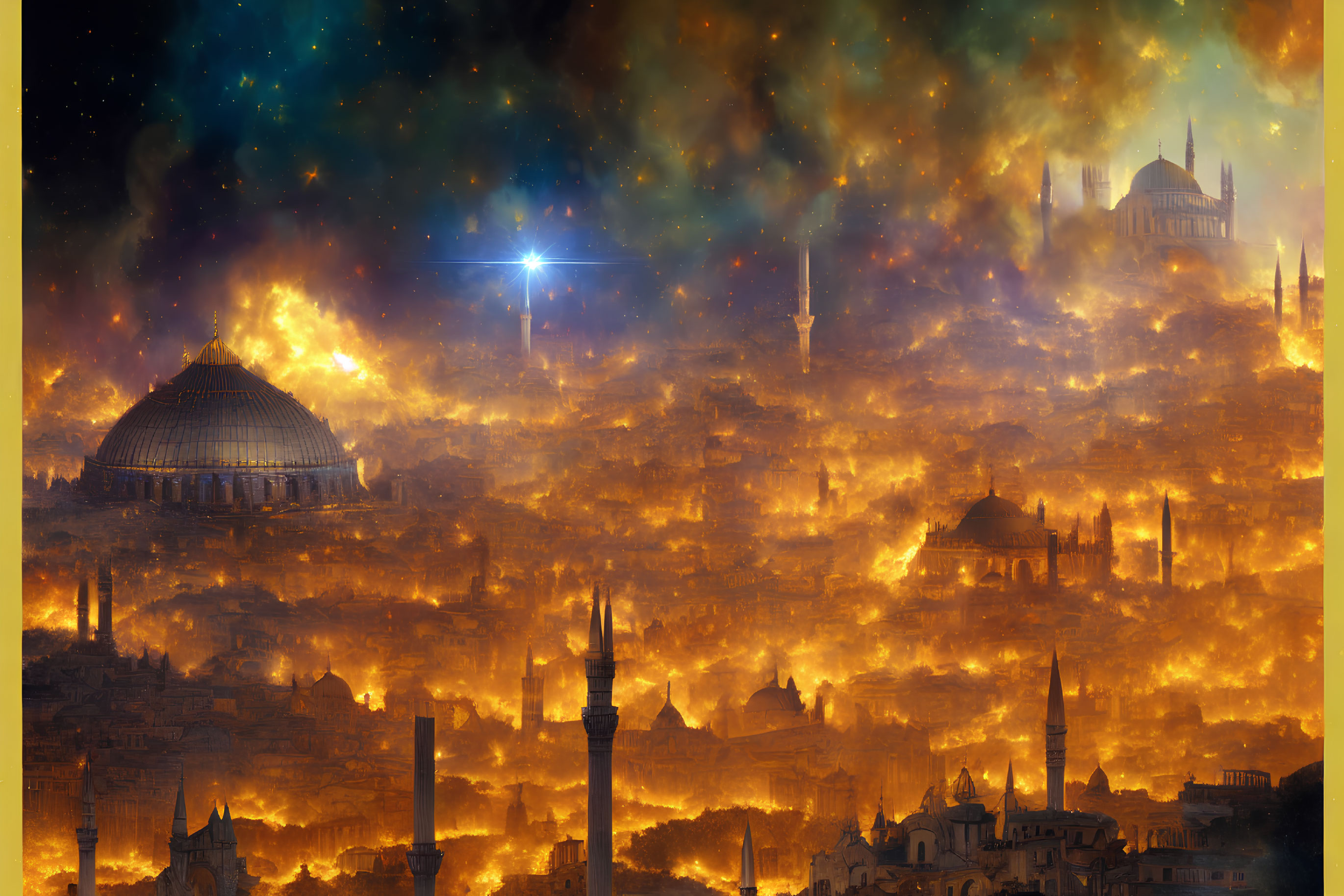 Fantastical cityscape with fiery glow, starry skies, domes, and minarets