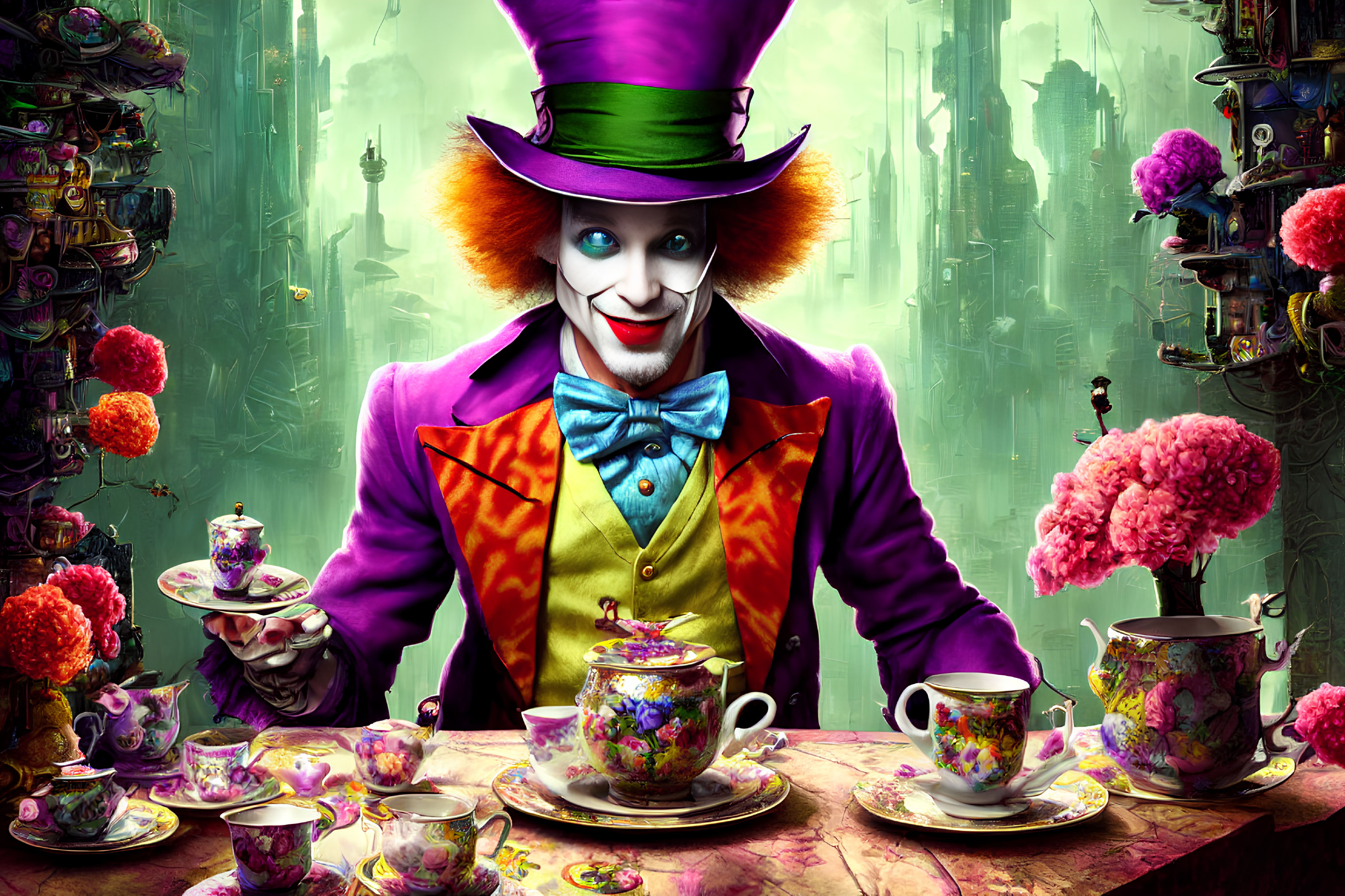Colorful character in top hat serving tea in whimsical setting
