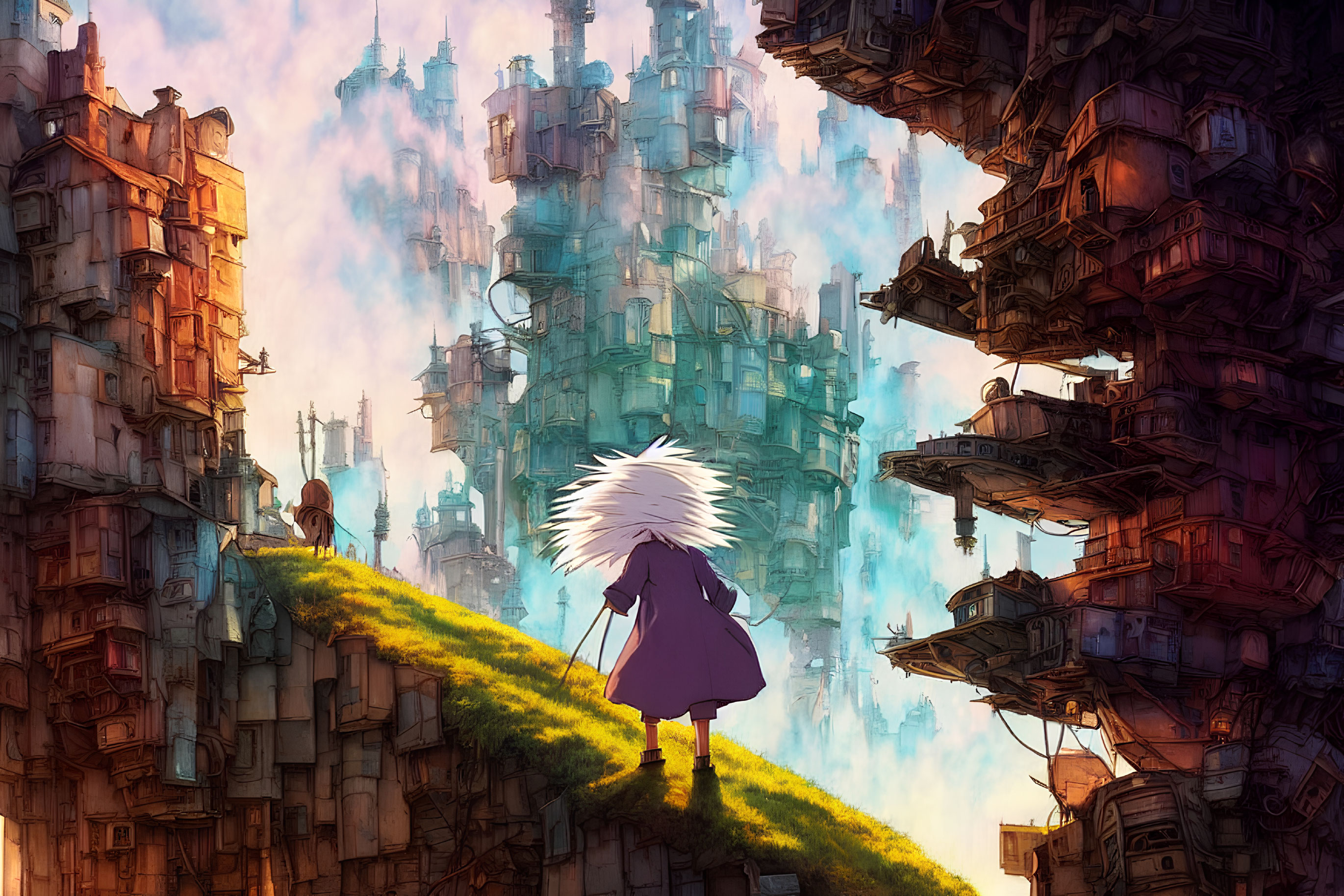 Spiky White-Haired Character in Purple Dress Observing Intricate Cityscape
