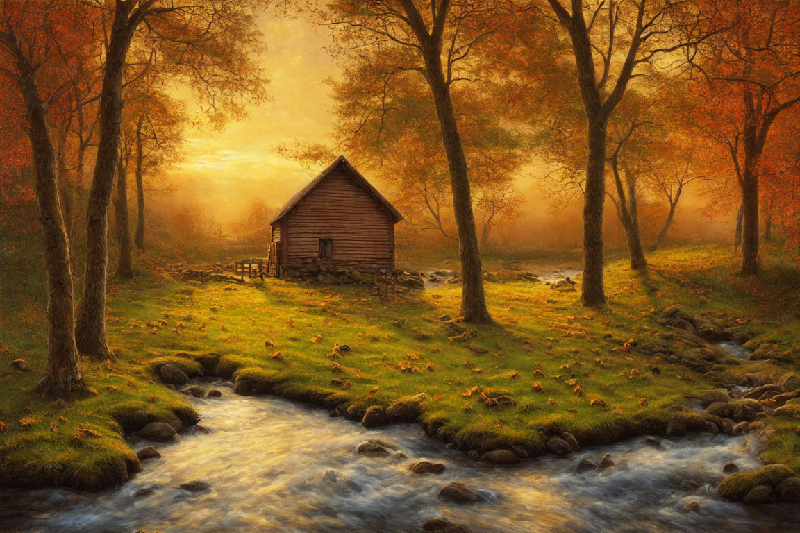 Tranquil autumn cabin by brook with golden leaves