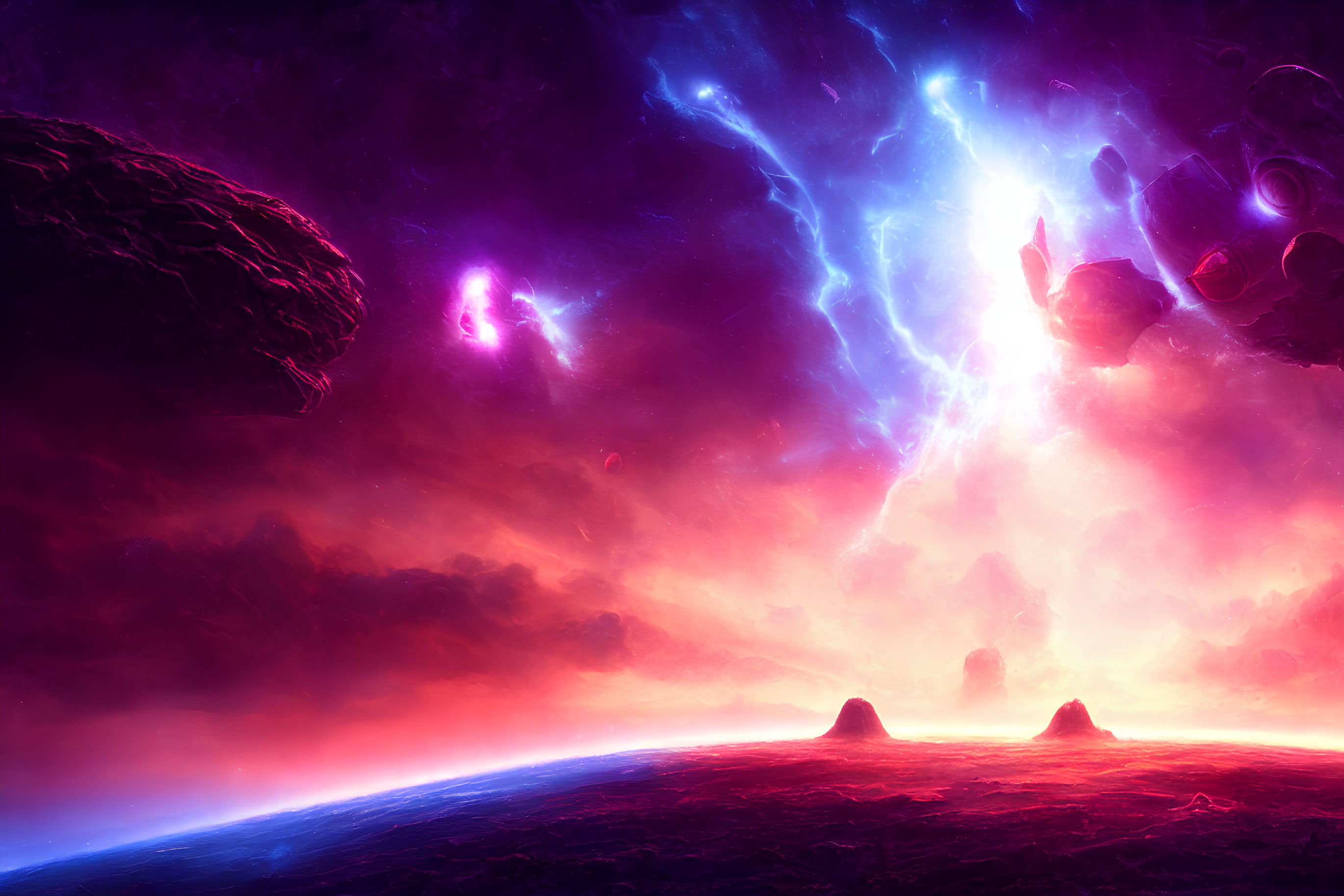 Vibrant cosmic scene with purple and pink nebula, lightning, asteroids, and alien planet surface