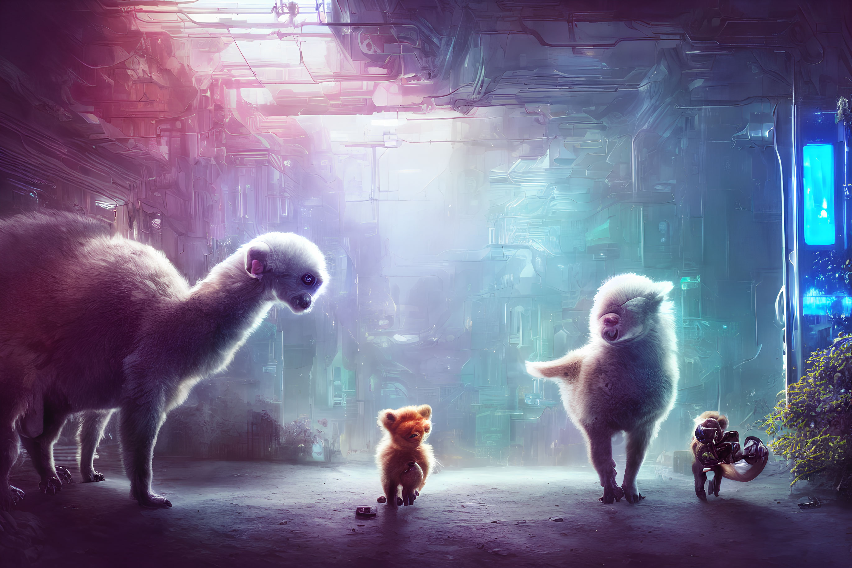 Anthropomorphic animals in neon-lit cityscape with llama-like creatures, bear, and figure.