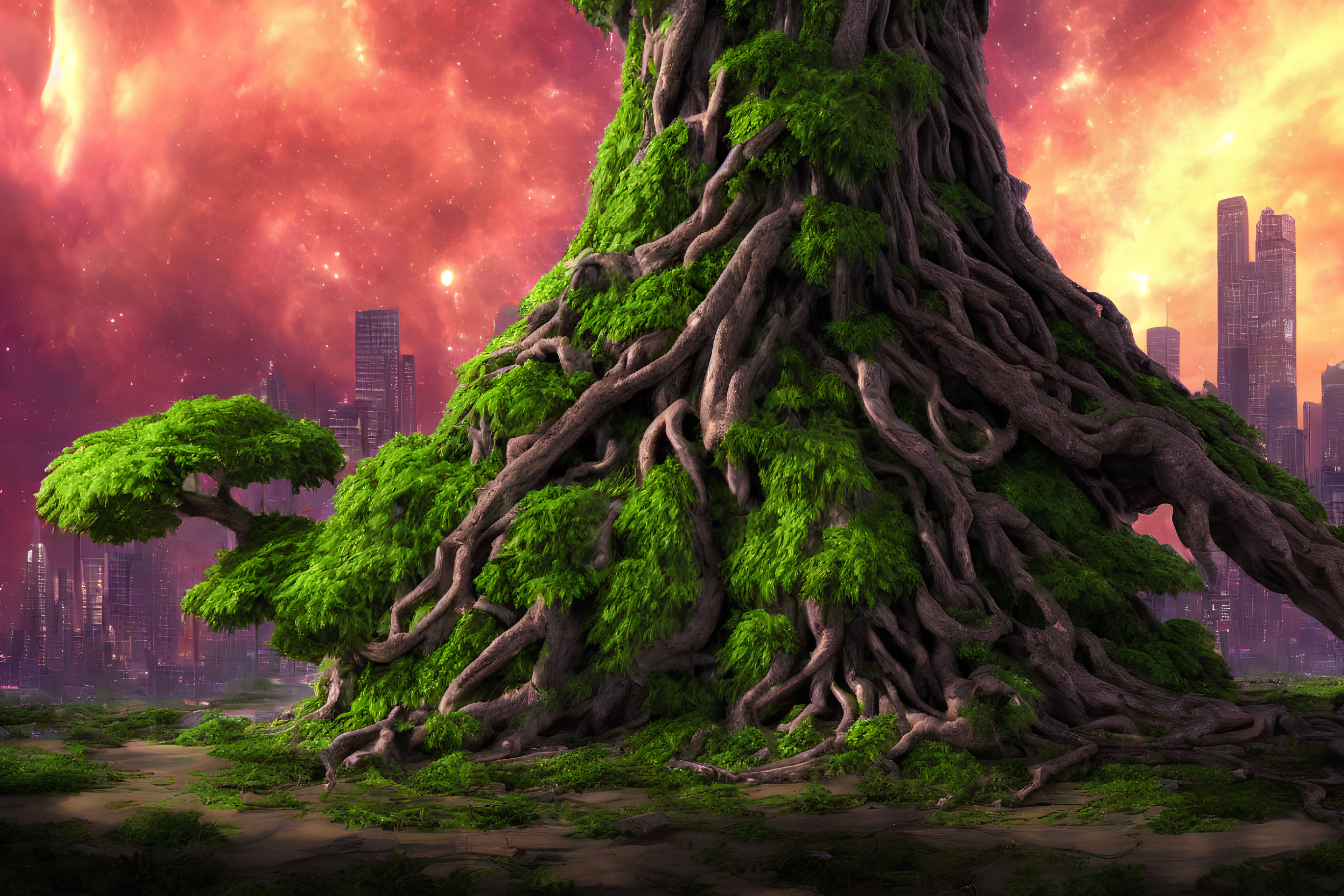 Colossal ancient tree in fantastical cityscape under vibrant red nebula sky