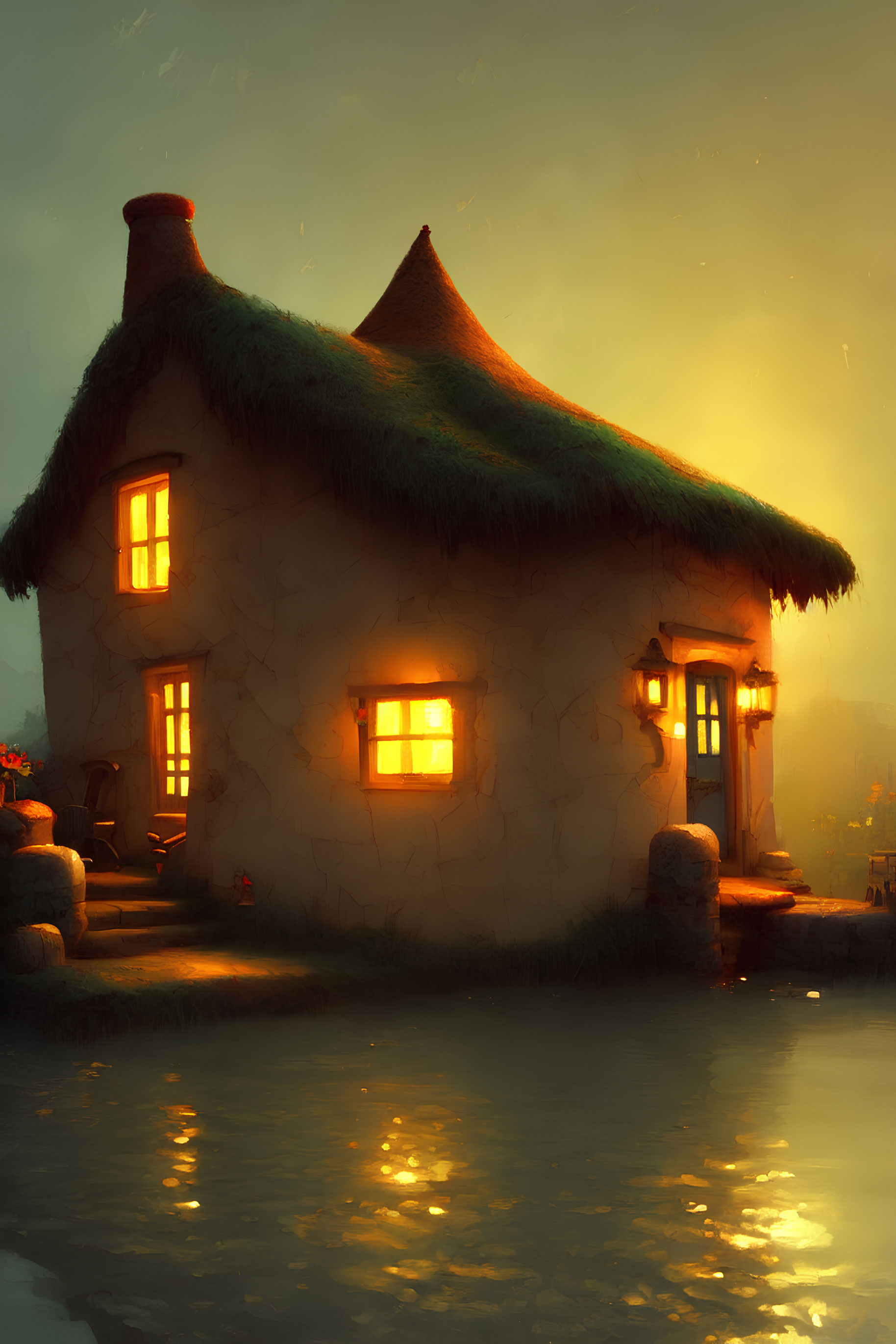 Quaint Thatched-Roof Cottage Reflects on Serene Water at Dusk
