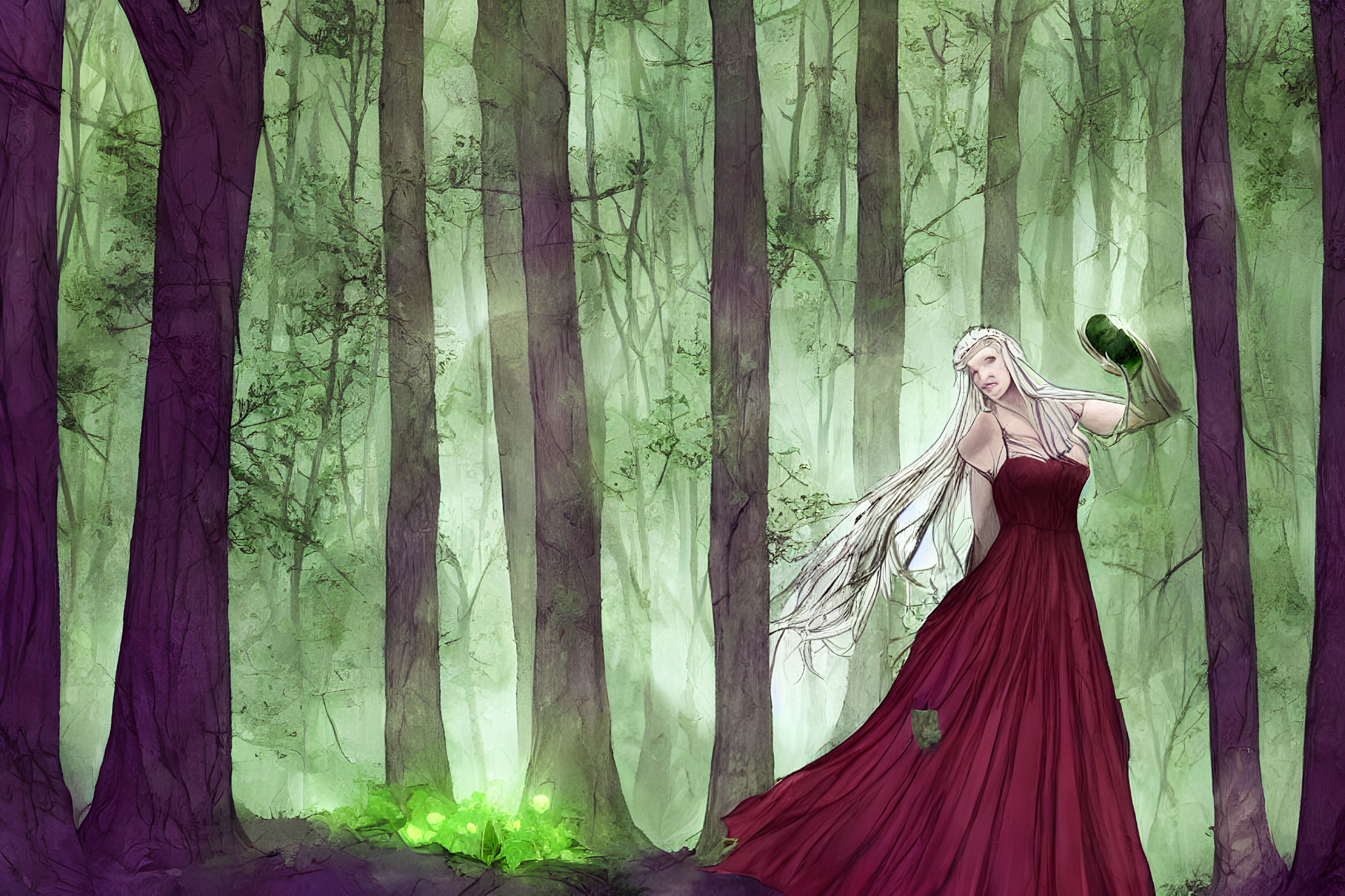Ethereal woman in red gown holding green light in mystical forest