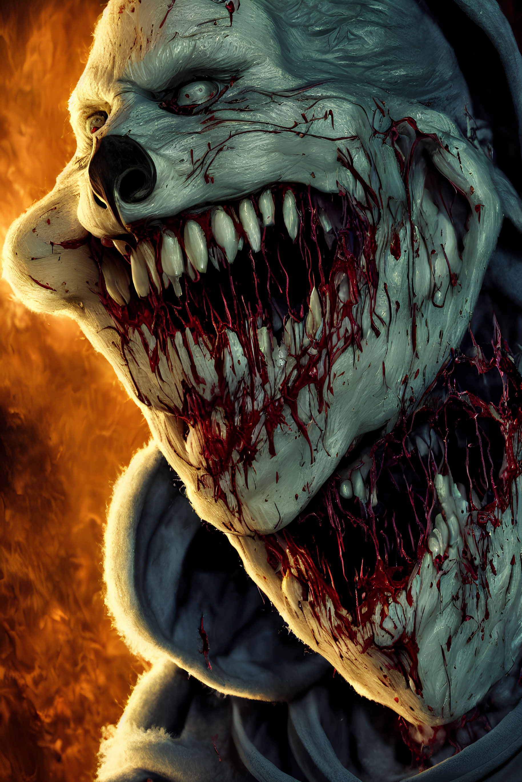 Menacing werewolf with bloodied fangs in fiery setting