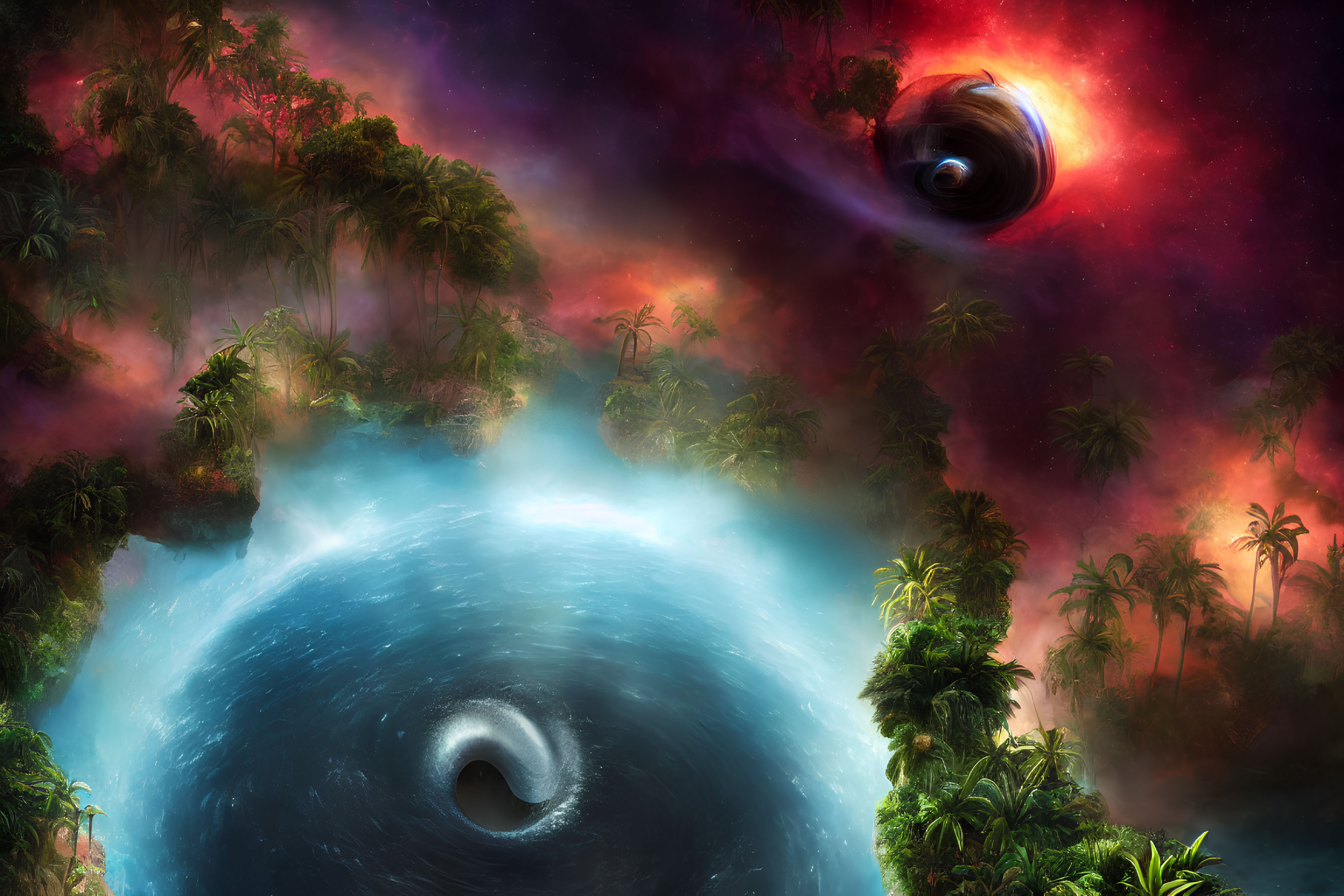 Vibrant cosmic scene with swirling black hole and lush jungle planet