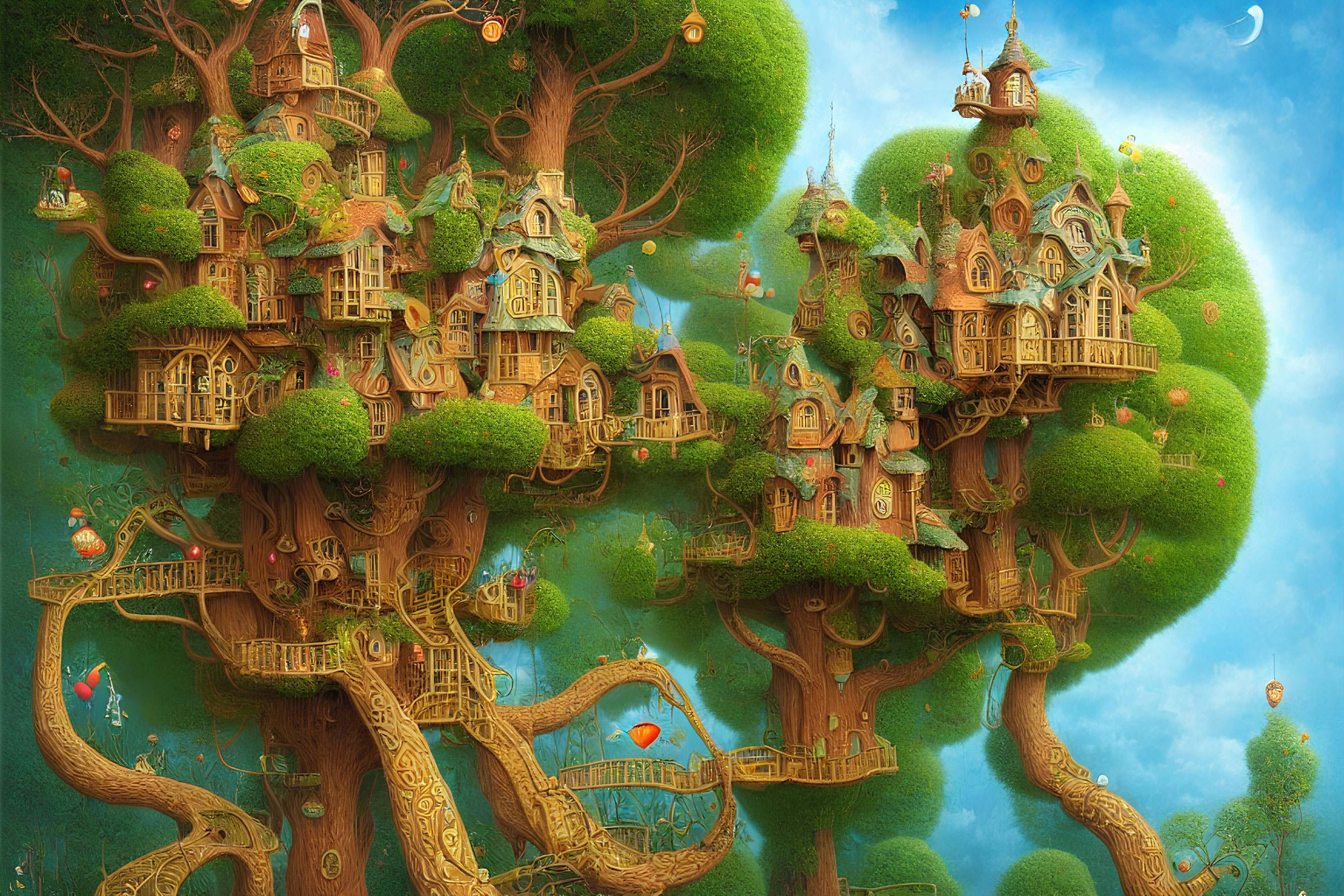 Whimsical treehouse illustration with wooden homes, bridges, and hot air balloon