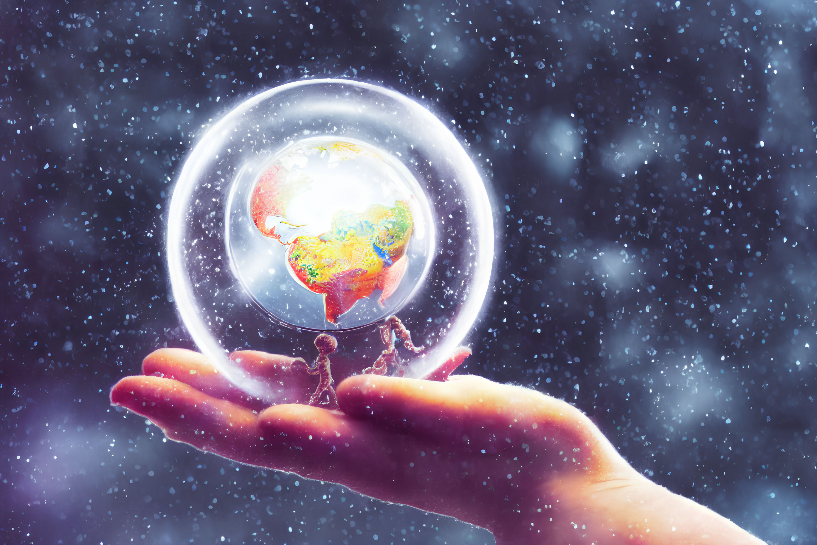 Hand holding glowing globe in translucent bubble against snowy backdrop