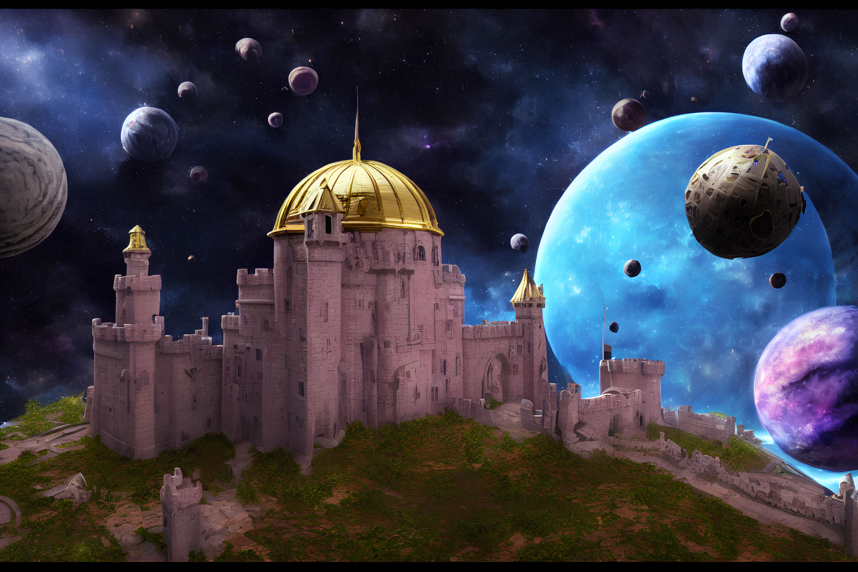 Majestic fantasy castle with golden domes under cosmic sky