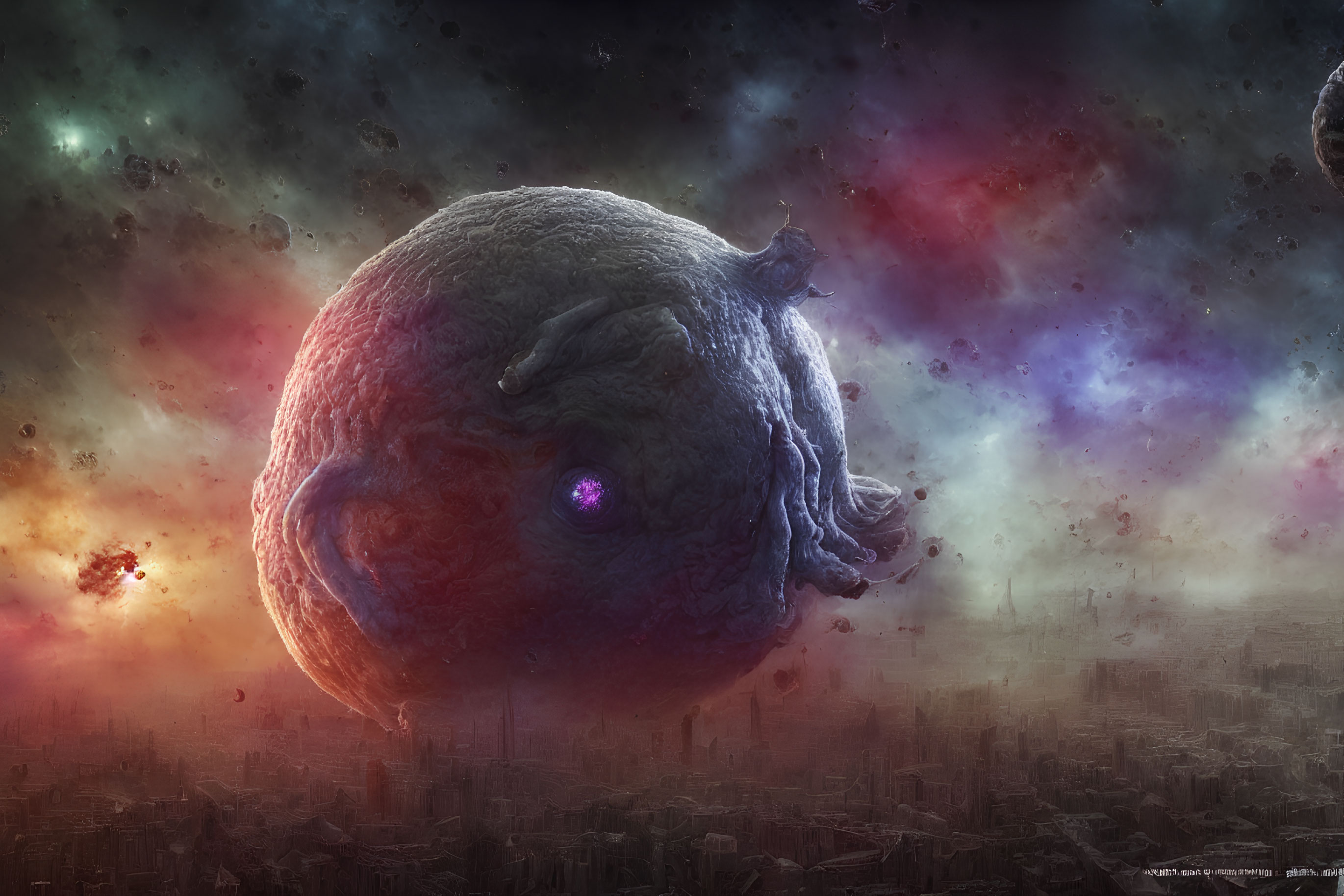 Giant textured planet above cityscape under colorful nebula sky