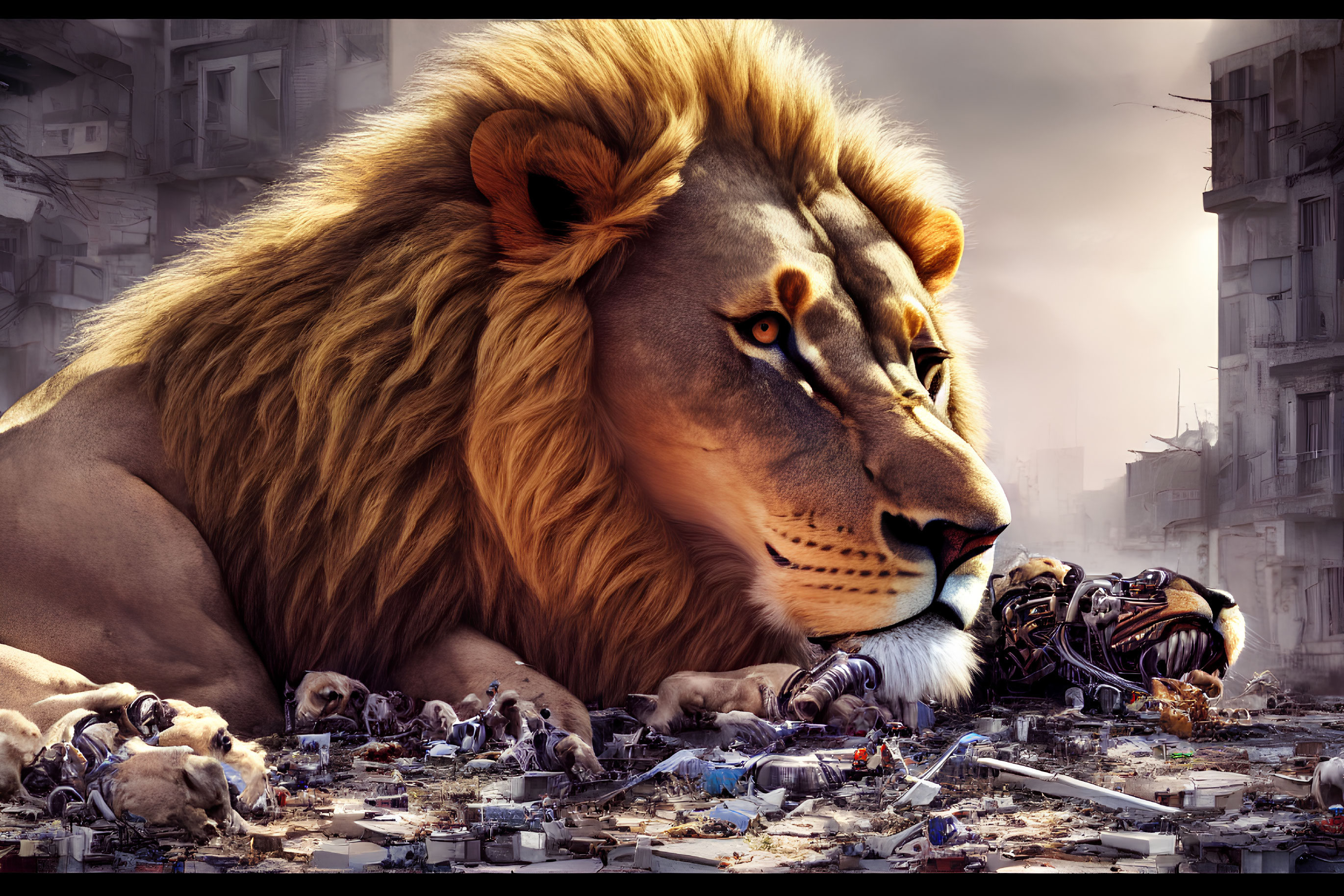 Majestic lion in dystopian cityscape with rubble and debris