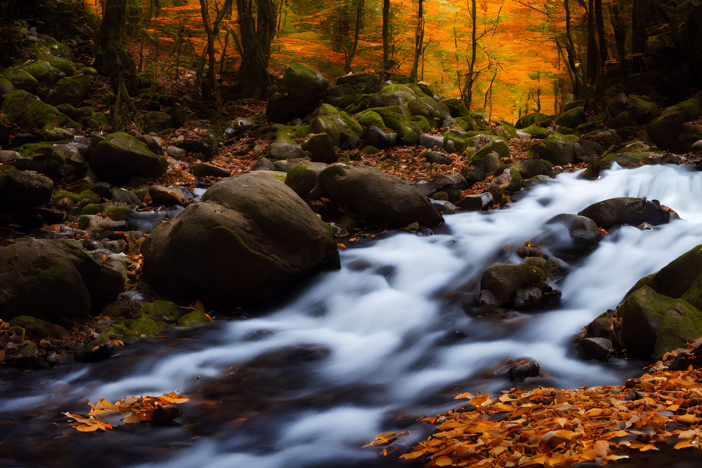Tranquil forest stream with autumn leaves and vibrant orange trees