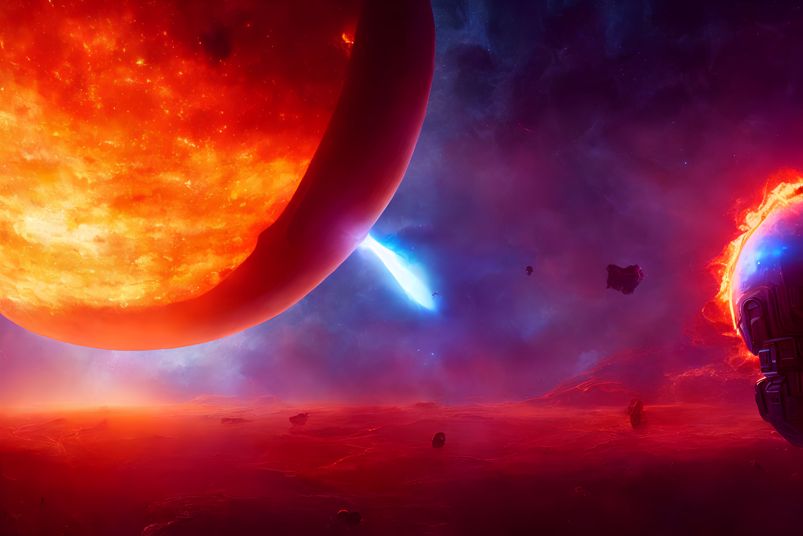 Vivid sci-fi landscape: giant red star, comet, futuristic structure