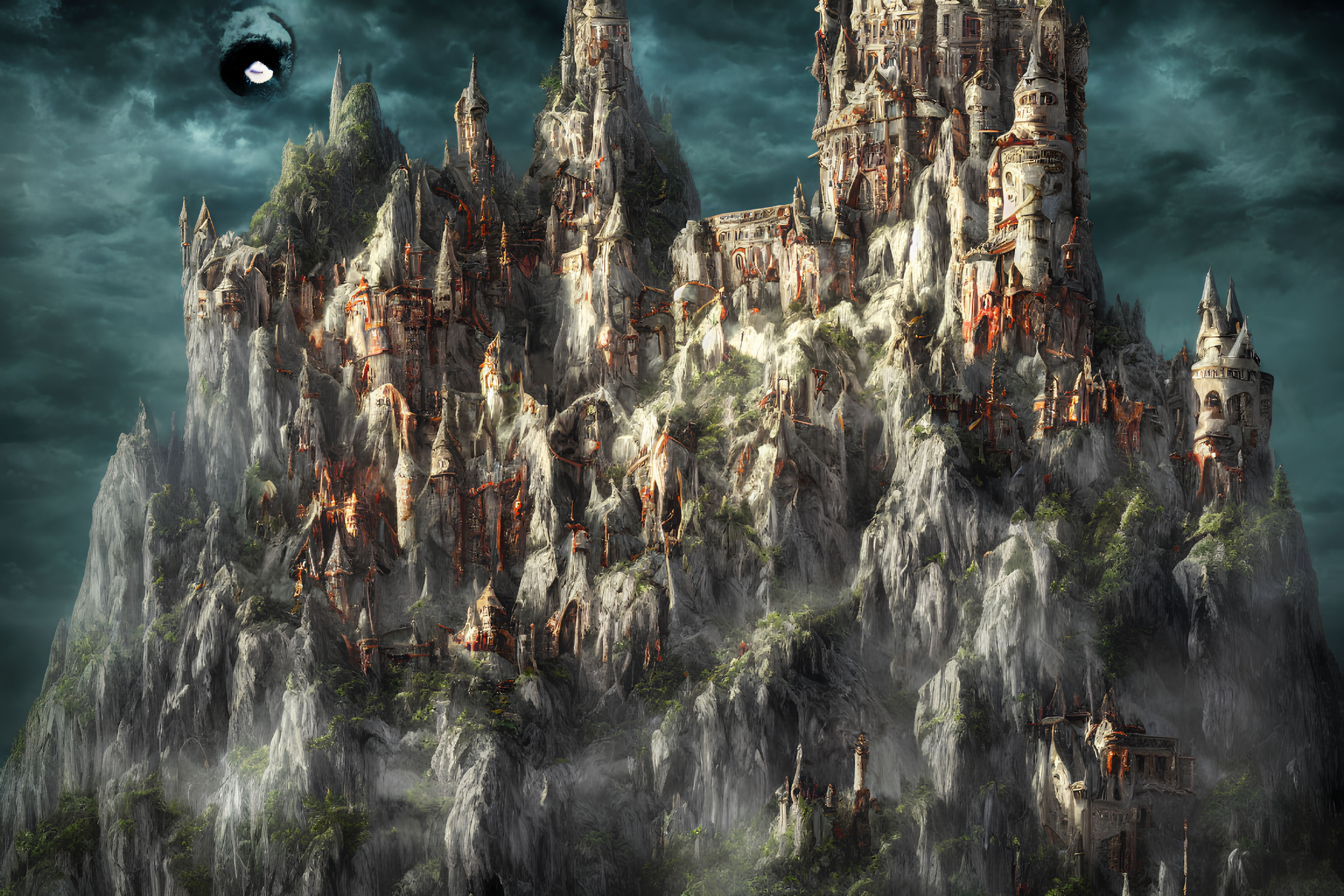 Majestic castles and towers in fantasy mountain landscape