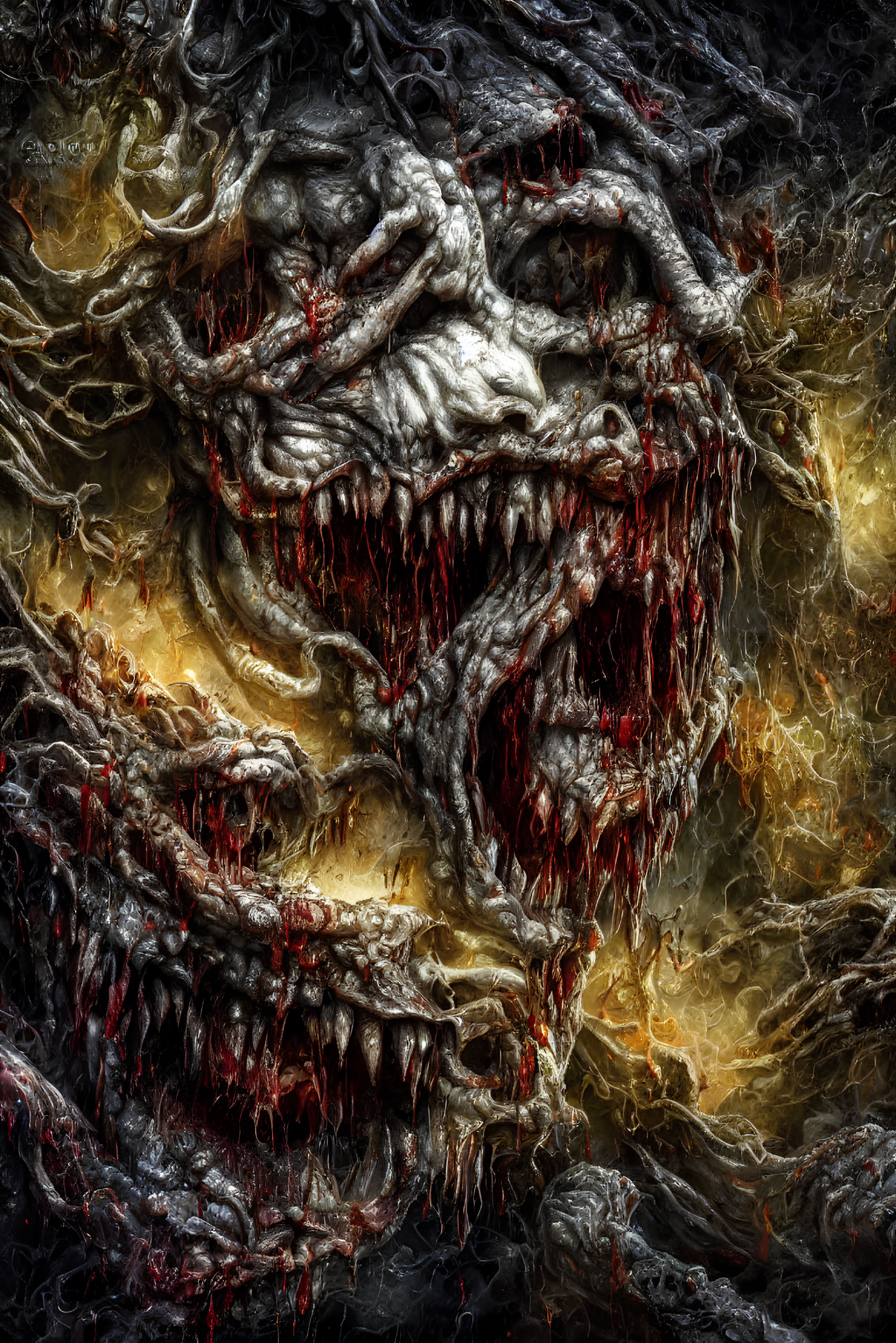 Dark fantasy artwork: Monstrous entity with fanged mouths & sinewy textures