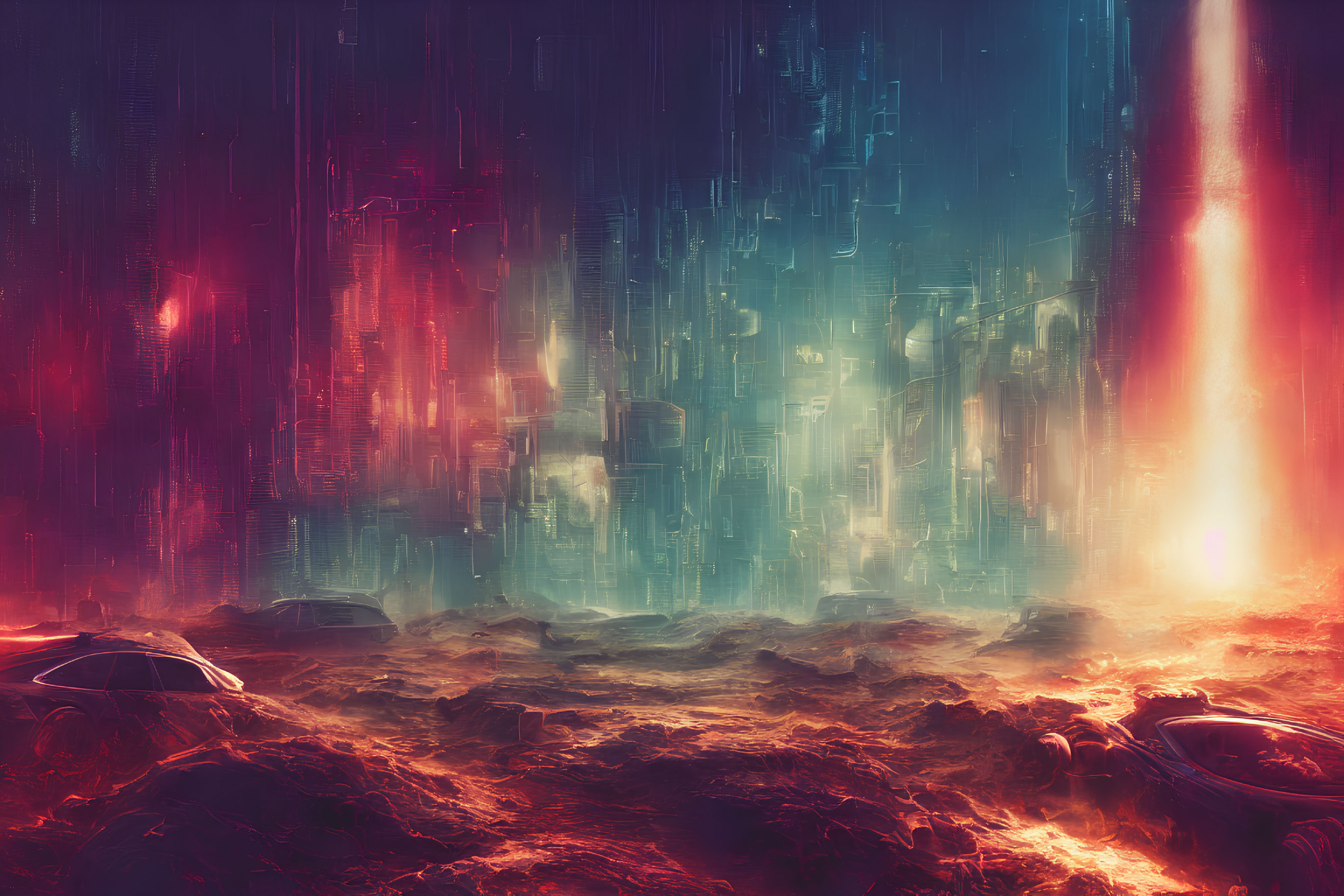 Dystopian digital artwork: molten grounds, glitchy sky.