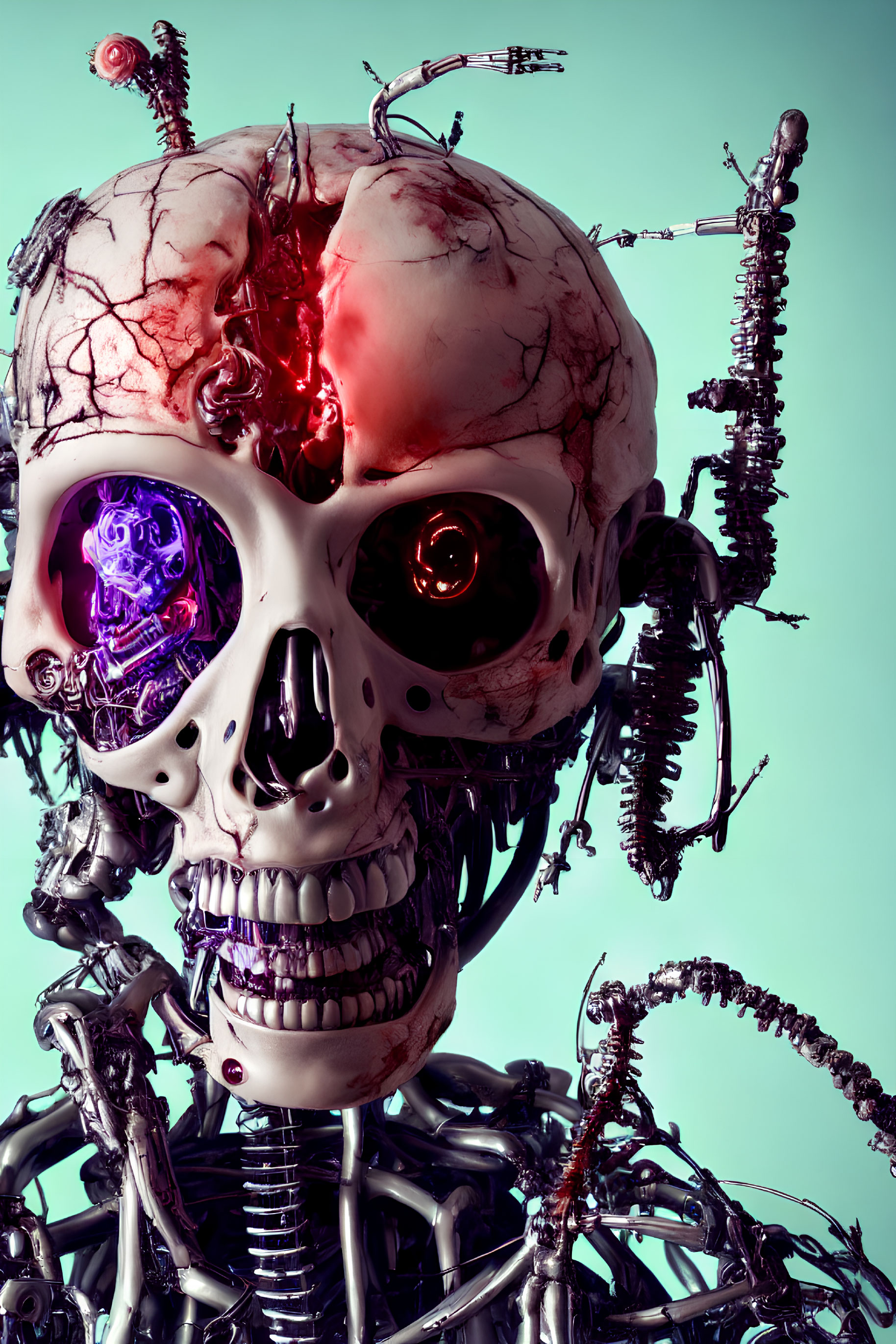 Detailed futuristic robotic skull with glowing red eye on turquoise backdrop