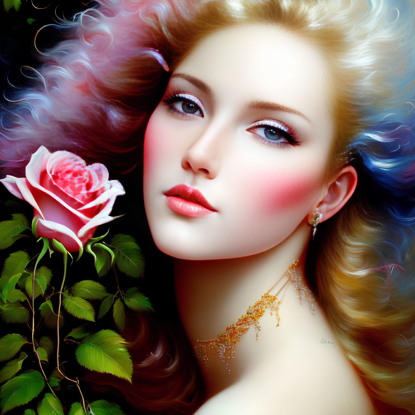 Colorful portrait of a woman with multicolored hair and blue eyes holding a pink rose.