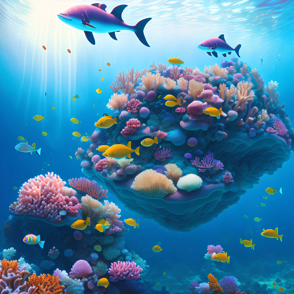 Colorful marine life in vibrant coral reef habitat.
