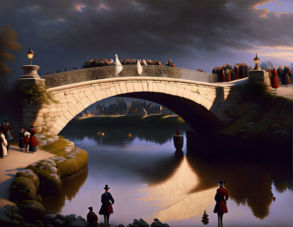 Surreal historical scene at dusk on stone bridge over tranquil river