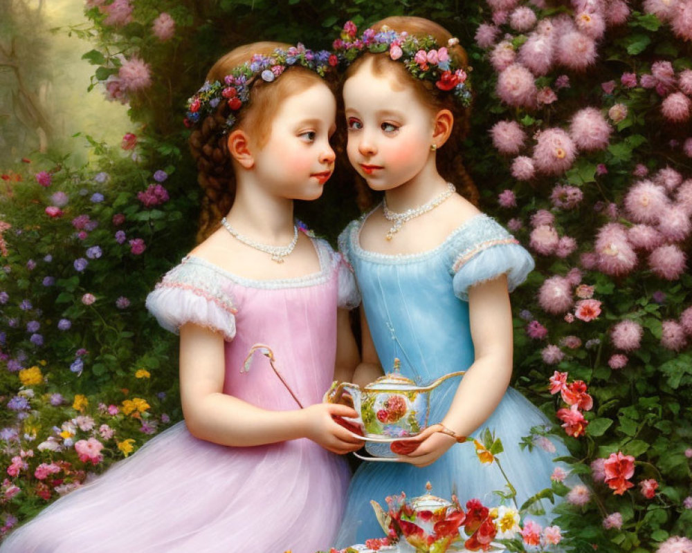 Two young girls in pastel dresses sharing a teapot in a floral setting