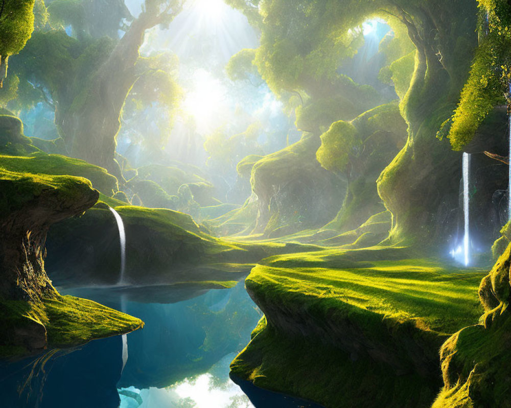 Lush Fantasy Forest with Sunbeam and Waterfall