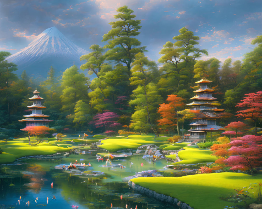 Traditional Japanese garden with pagodas, koi pond, and Mount Fuji.