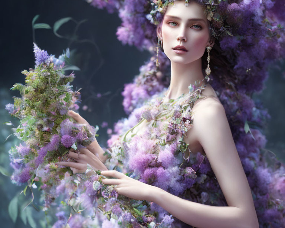 Woman in Floral Dress Surrounded by Purple Flowers and Mystical Aura