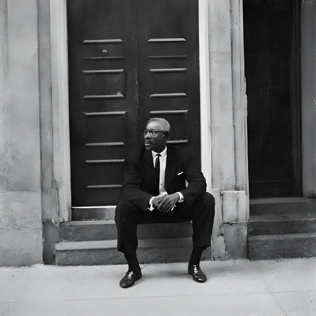 Synthetic photo of a Black man seated on doorstep