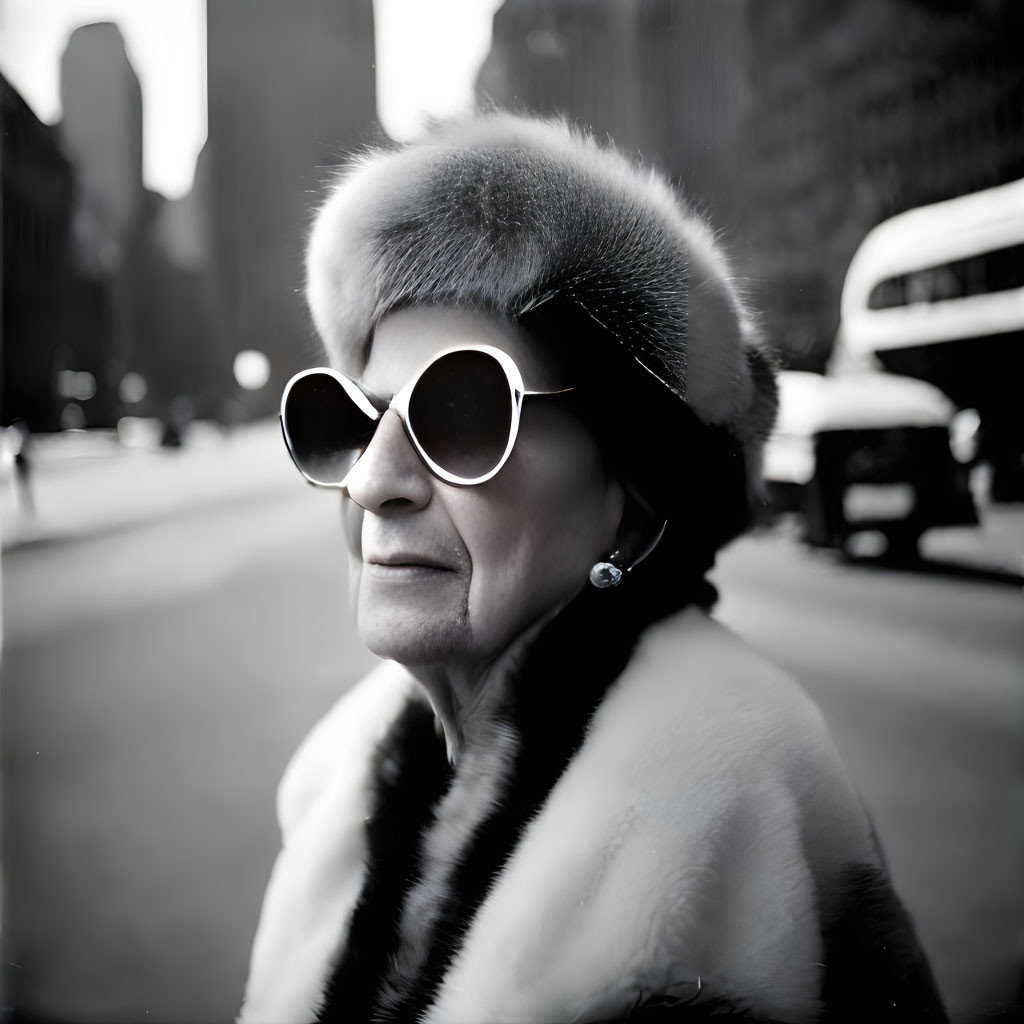 Sophisticated older woman in fur coat and hat on city street with sunglasses.