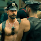 Muscular Men in Police Attire with Leather Vests and Tattoos