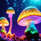 Luminous Neon-Colored Mushroom Art on Dark Background
