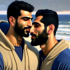 Men with beards in cream and blue jackets on beach with ocean and sky.