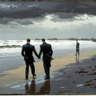 Men in suits walking on stormy beach with third man under dramatic cloudy sky