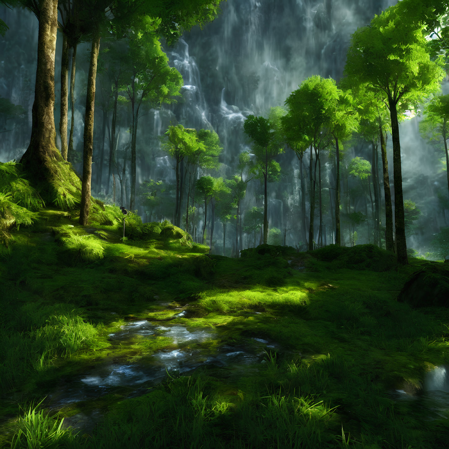 Tranquil forest scene with sunlight, stream, and waterfall