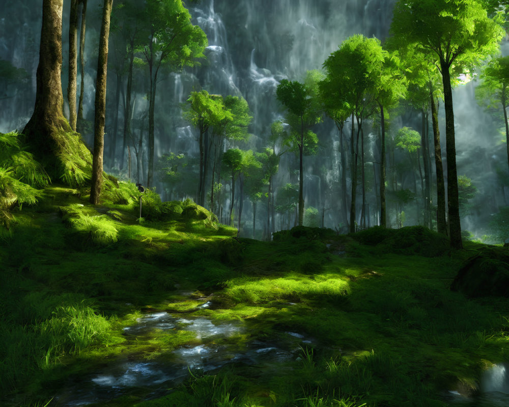 Tranquil forest scene with sunlight, stream, and waterfall