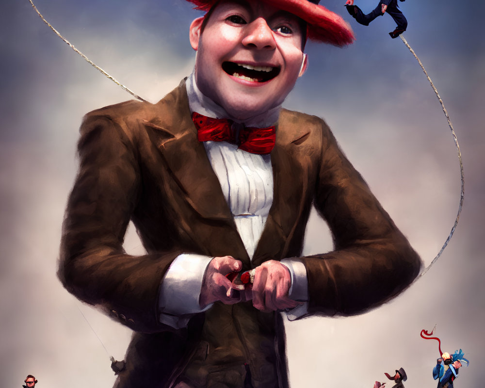 Man in red top hat controls suspended figures with strings
