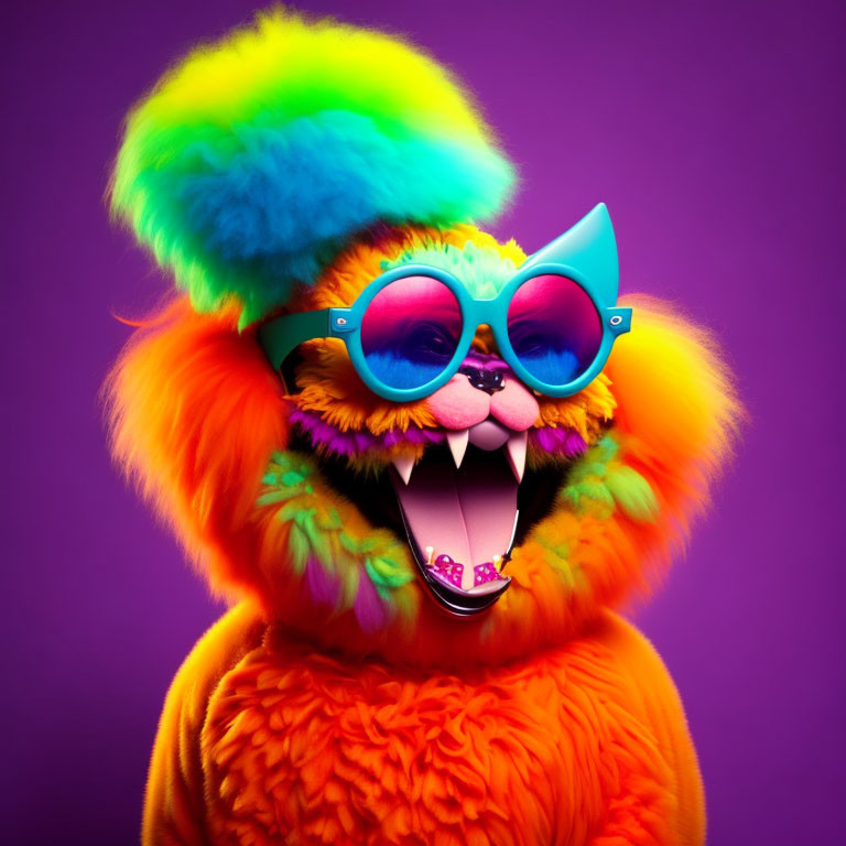 Colorful Furry Character in Blue Sunglasses on Purple Background