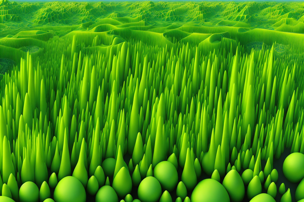 Abstract green landscape with blade-like formations: A vibrant, otherworldly scene