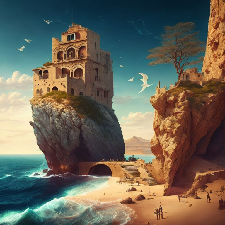 Seaside cliff with ancient building, stone staircase, beach, people, and turbulent waves