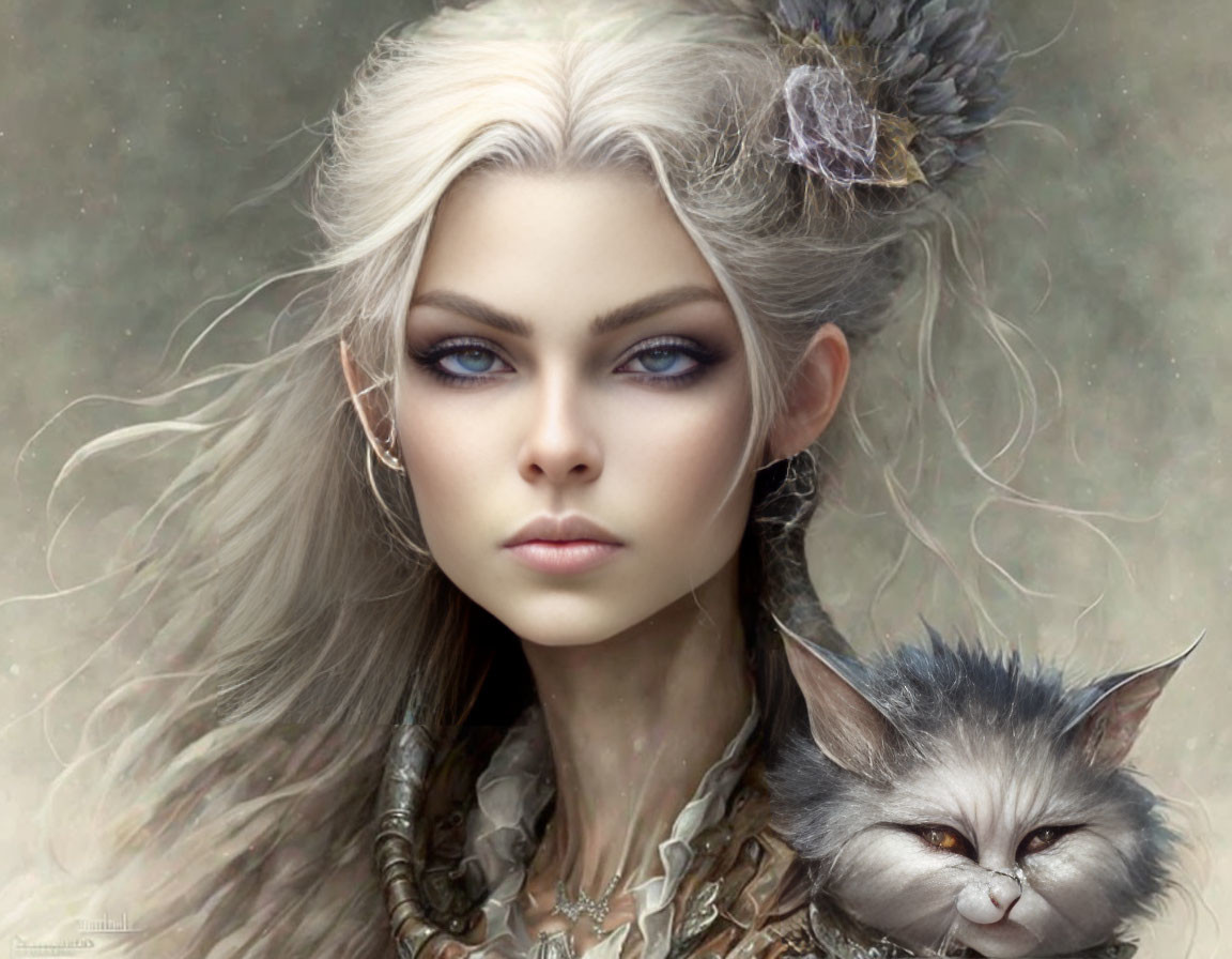 Portrait of woman with blue eyes, silver hair, and mystical cat creature