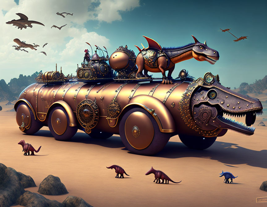 Steampunk-style mechanized crocodile vehicle in desert with creatures.