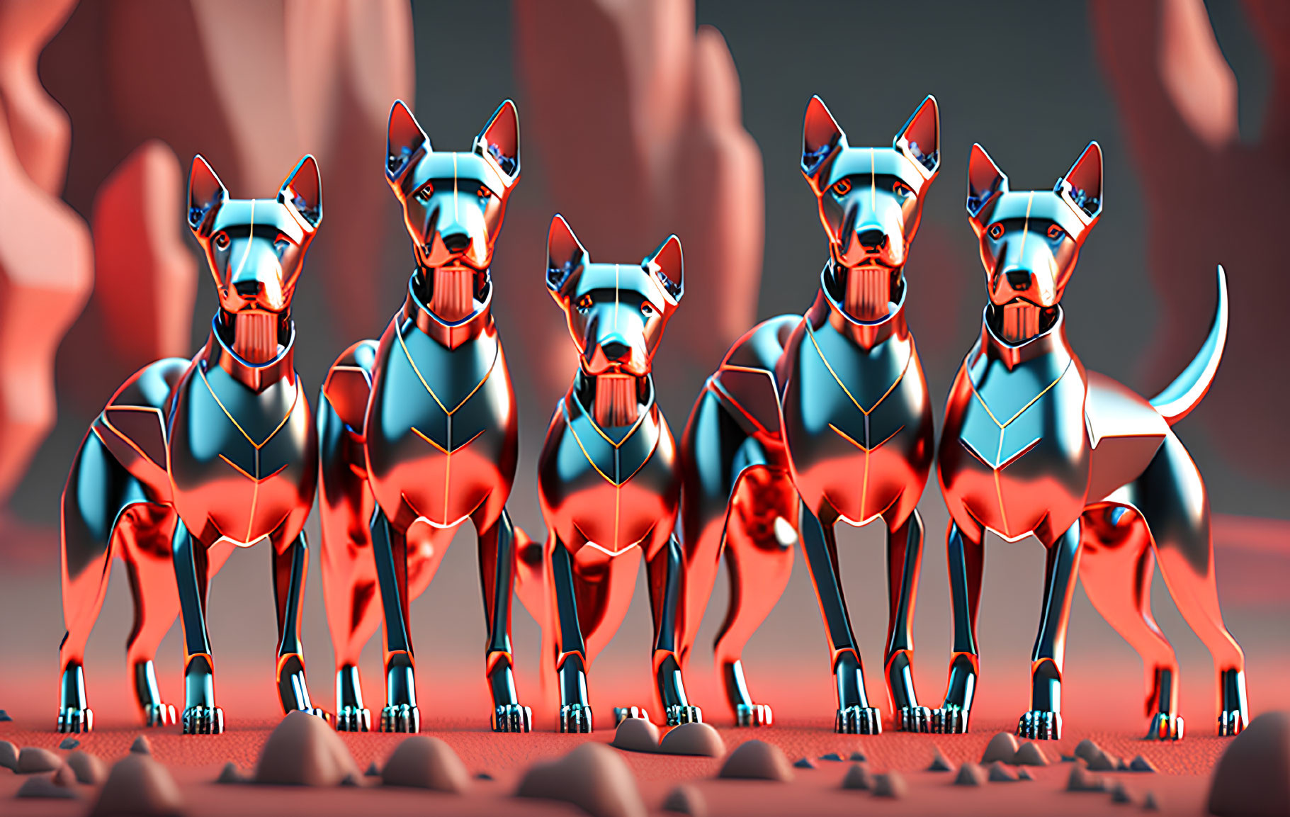 Five stylized robotic dogs in blue and silver against red rocky backdrop
