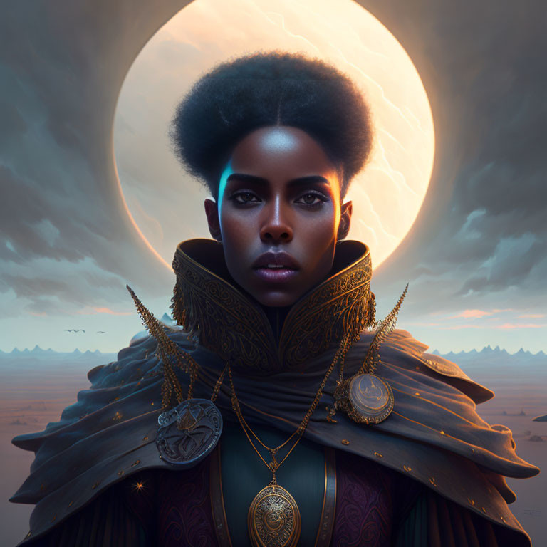 Regal woman with afro in gold cloak against surreal sunset and eclipse