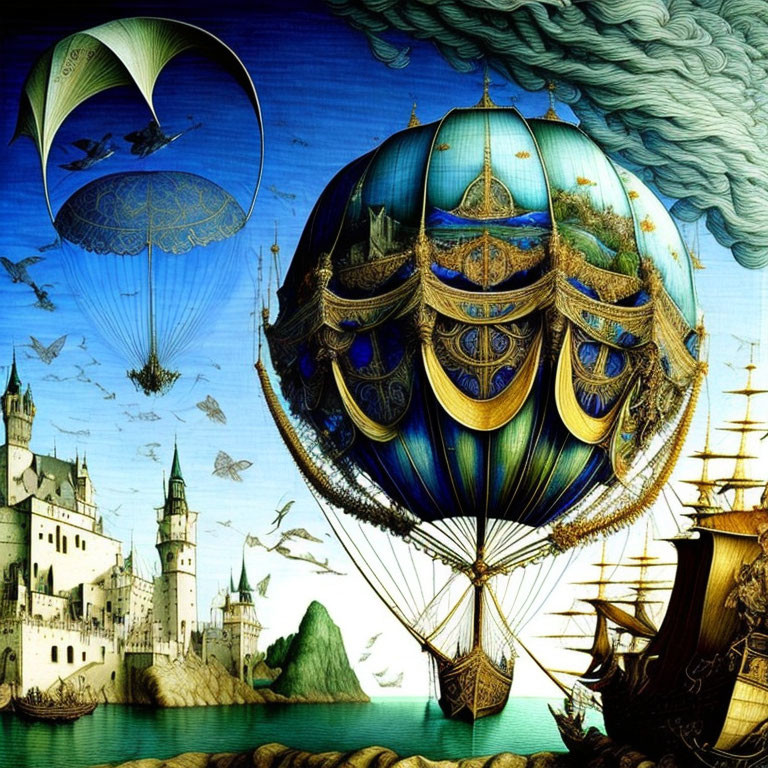 Fantastical airship, castle, and sailing ship in vibrant blue setting