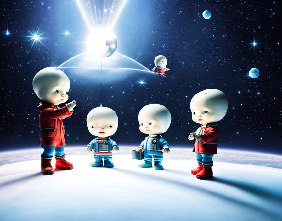 Colorful Baby Astronauts Explore Whimsical Space Environment