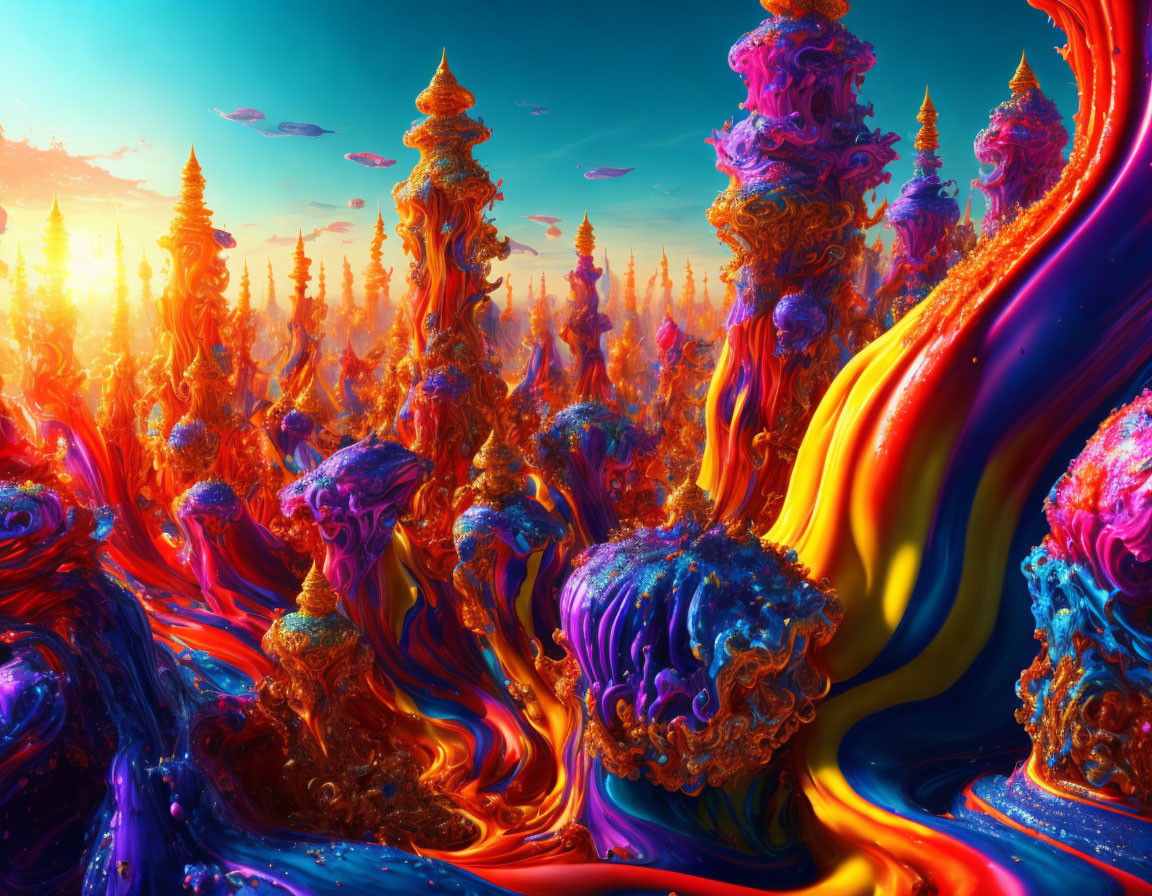 Colorful surreal landscape with melting towers and swirls in a dream-like setting