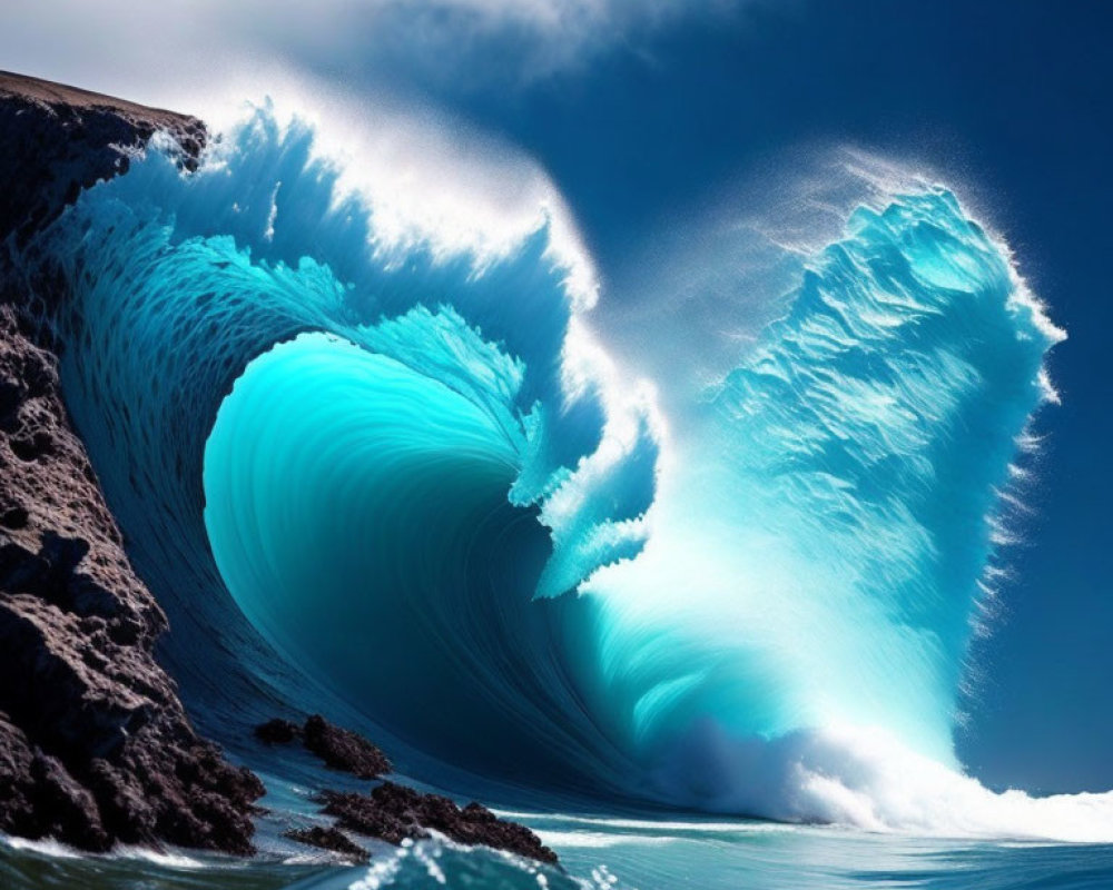 Ocean wave curling into a tube against dark cliffs in shades of blue
