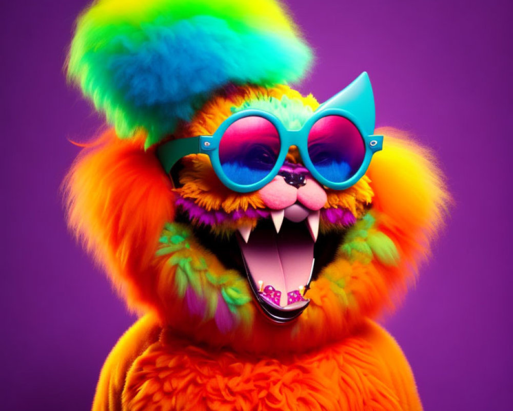 Colorful Furry Character in Blue Sunglasses on Purple Background
